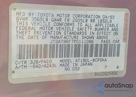 1993 Toyota Celica St z USA, uszkodzony, nr VIN JT2AT86F7P0111086